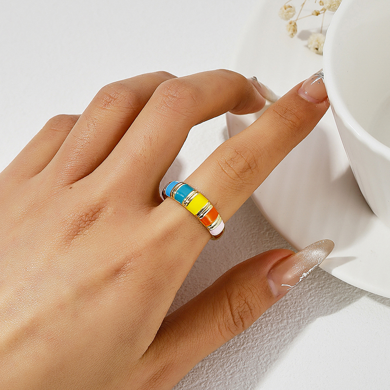 Großhandel Elegant Regenbogen Kupfer Emaille Offener Ring display picture 6