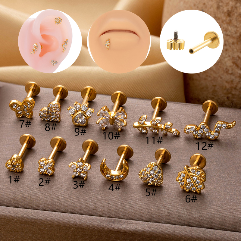 1 Piece Lip Rings Simple Style Heart Shape Flower Butterfly Copper Plating Inlay Zircon Lip Stud display picture 1