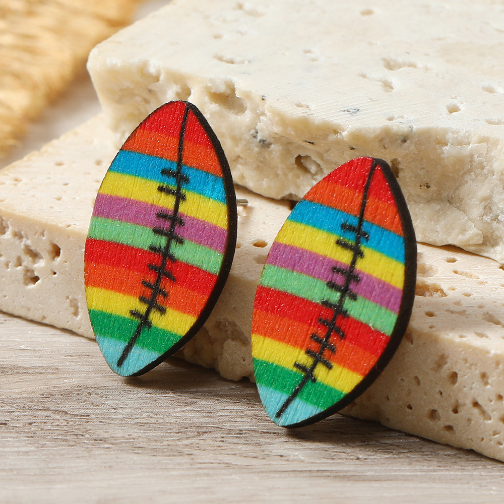 1 Pair Sports Rugby Painted Wood Ear Studs display picture 20