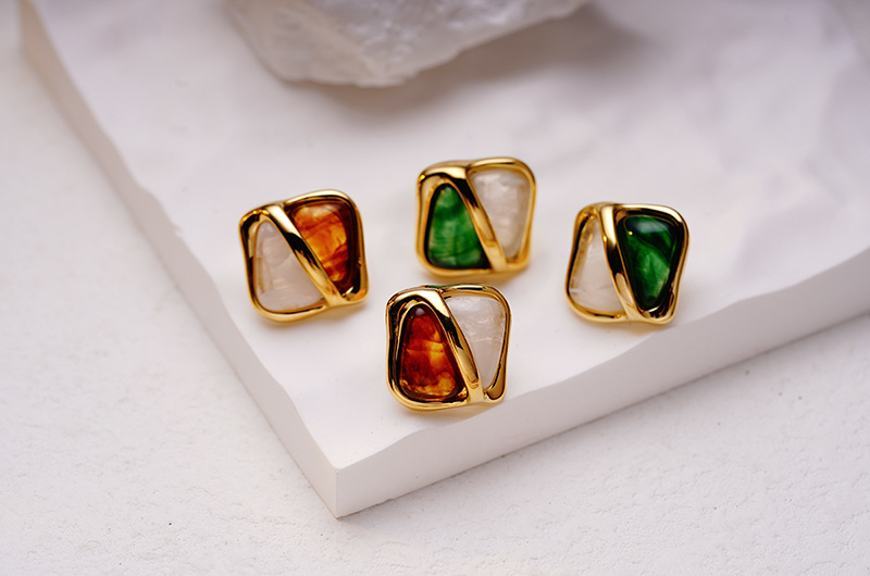 Copper IG Style Quadrilateral Plating Inlay Resin Ear Studs display picture 3