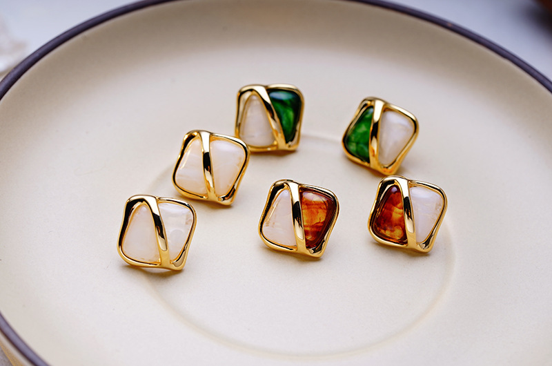 Copper IG Style Quadrilateral Plating Inlay Resin Ear Studs display picture 4