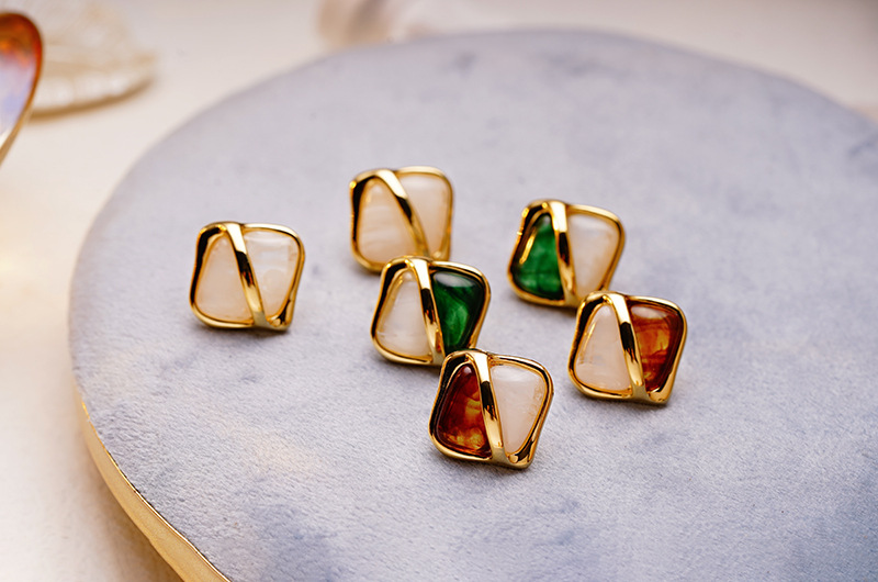 Copper IG Style Quadrilateral Plating Inlay Resin Ear Studs display picture 6
