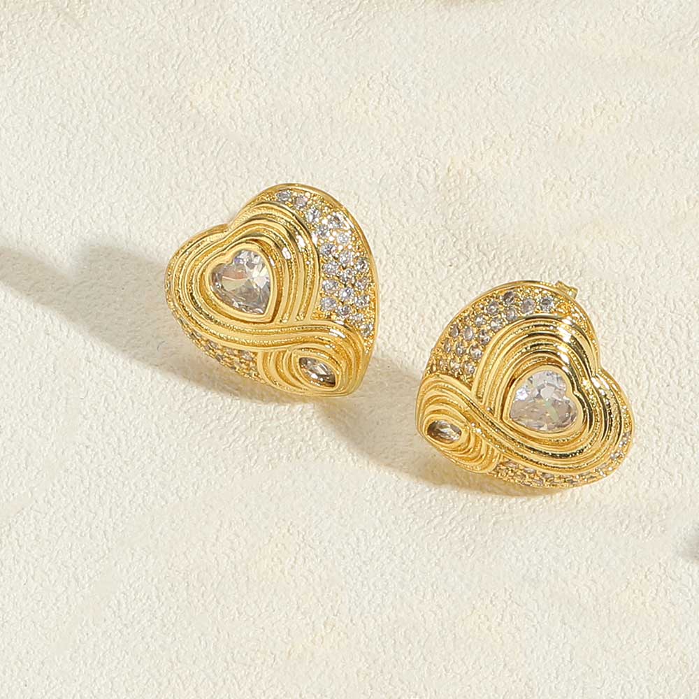 1 Pair Vintage Style Heart Shape Inlay Copper Zircon 14K Gold Plated Ear Studs display picture 4