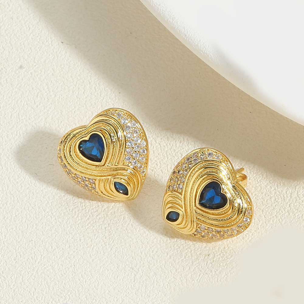 1 Pair Vintage Style Heart Shape Inlay Copper Zircon 14K Gold Plated Ear Studs display picture 1