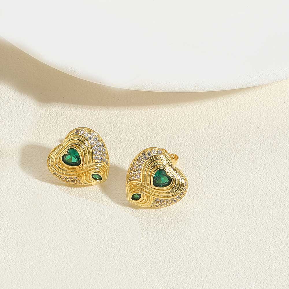 1 Pair Vintage Style Heart Shape Inlay Copper Zircon 14K Gold Plated Ear Studs display picture 2