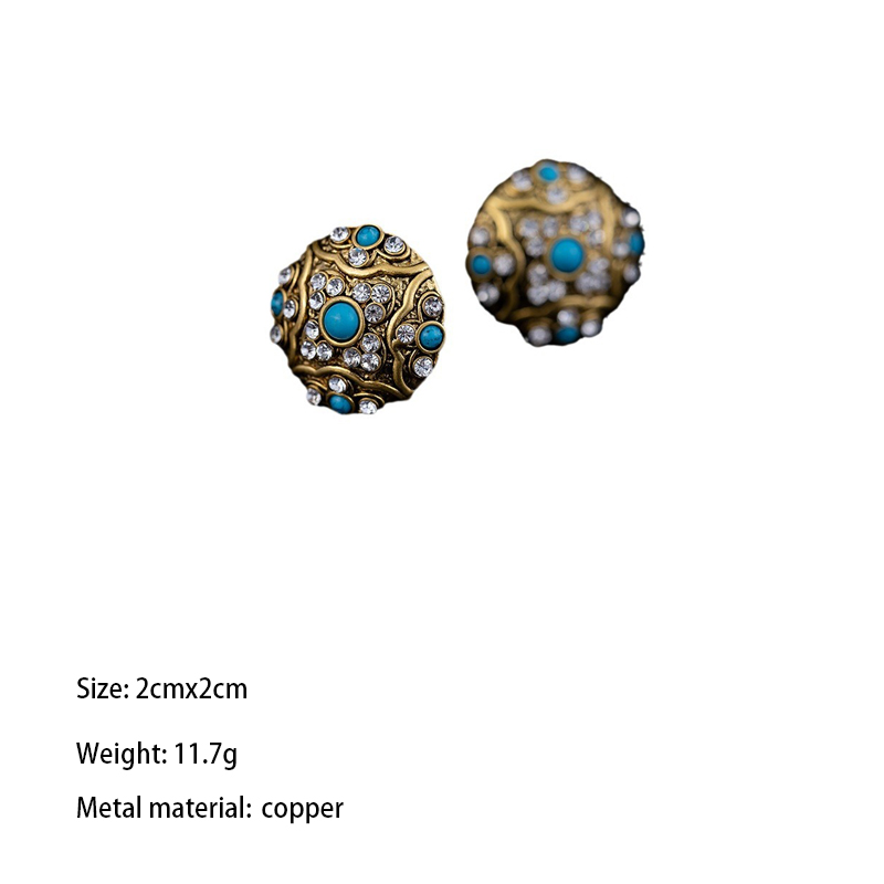 1 Pair Glam Retro Round Plating Inlay Copper Turquoise Zircon Ear Studs display picture 1