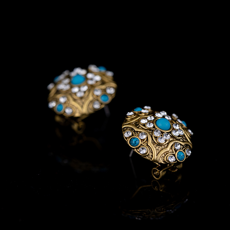 1 Pair Glam Retro Round Plating Inlay Copper Turquoise Zircon Ear Studs display picture 3