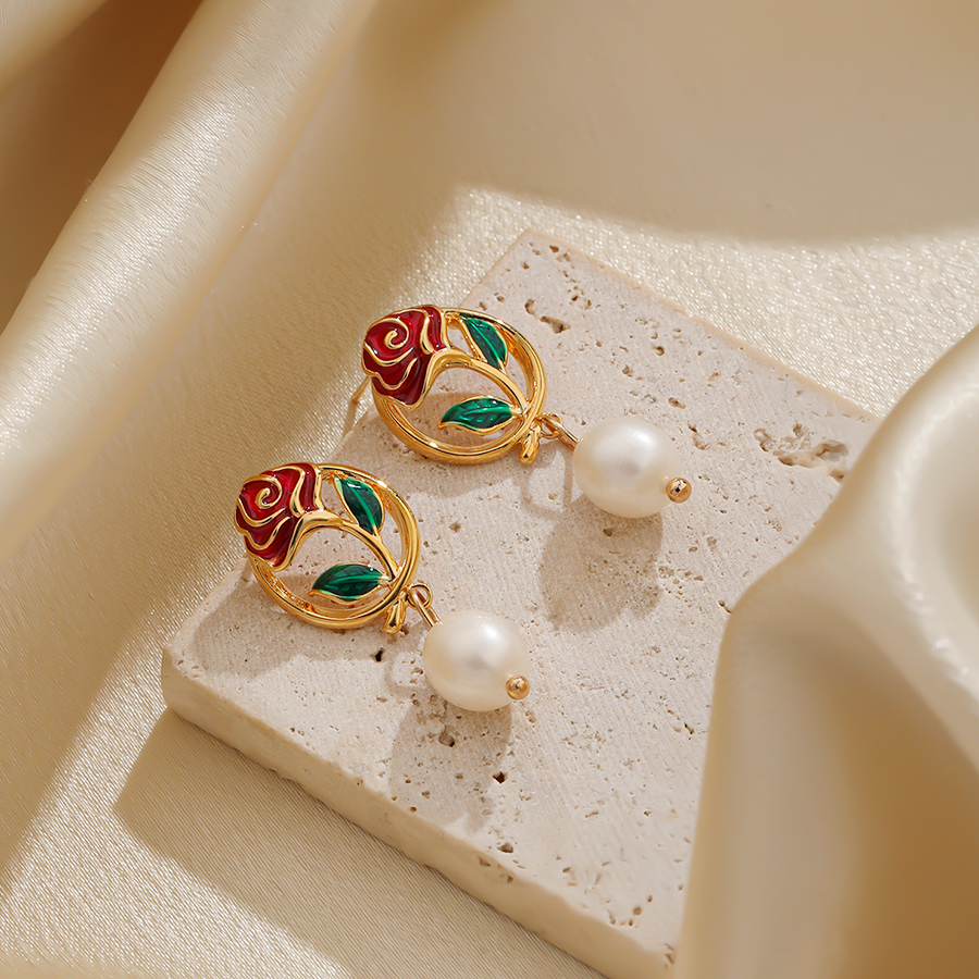 1 Pair Sweet Heart Shape Rose Enamel Hollow Out Freshwater Pearl Copper 18k Gold Plated Drop Earrings display picture 2