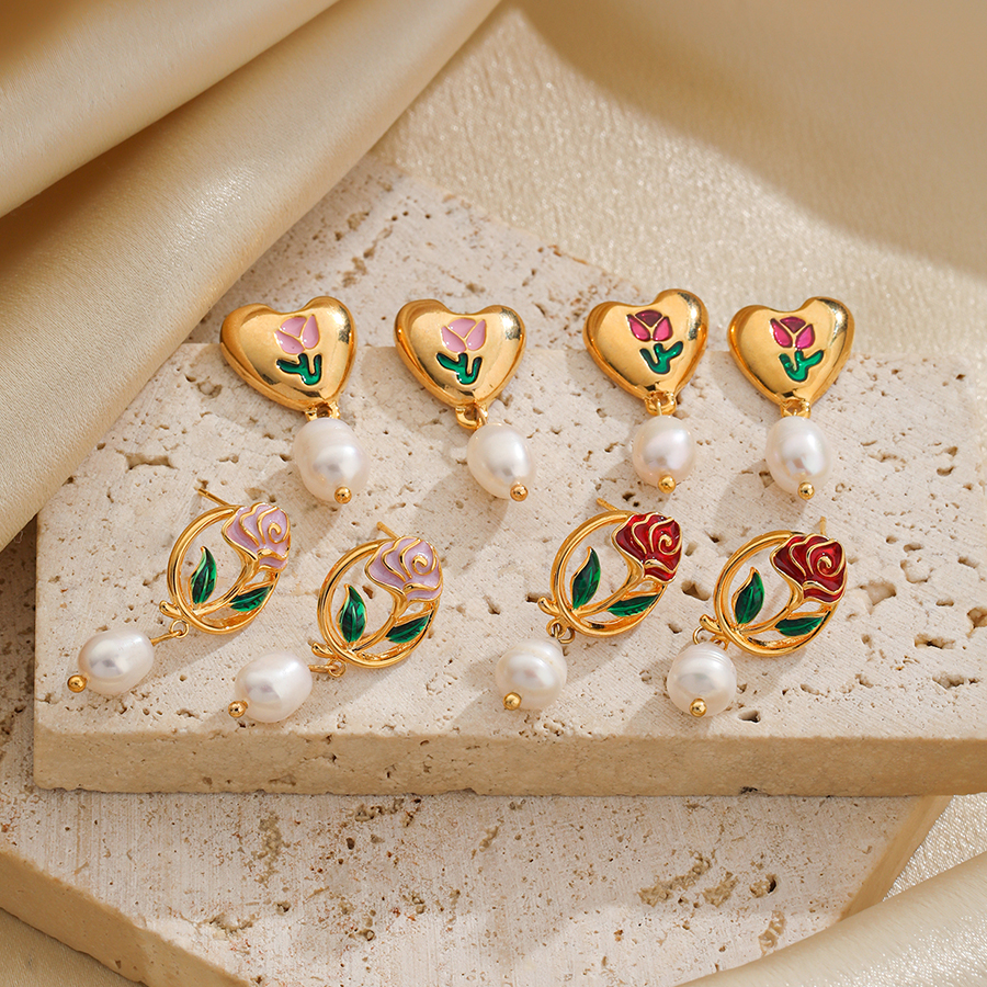 1 Pair Sweet Heart Shape Rose Enamel Hollow Out Freshwater Pearl Copper 18k Gold Plated Drop Earrings display picture 5