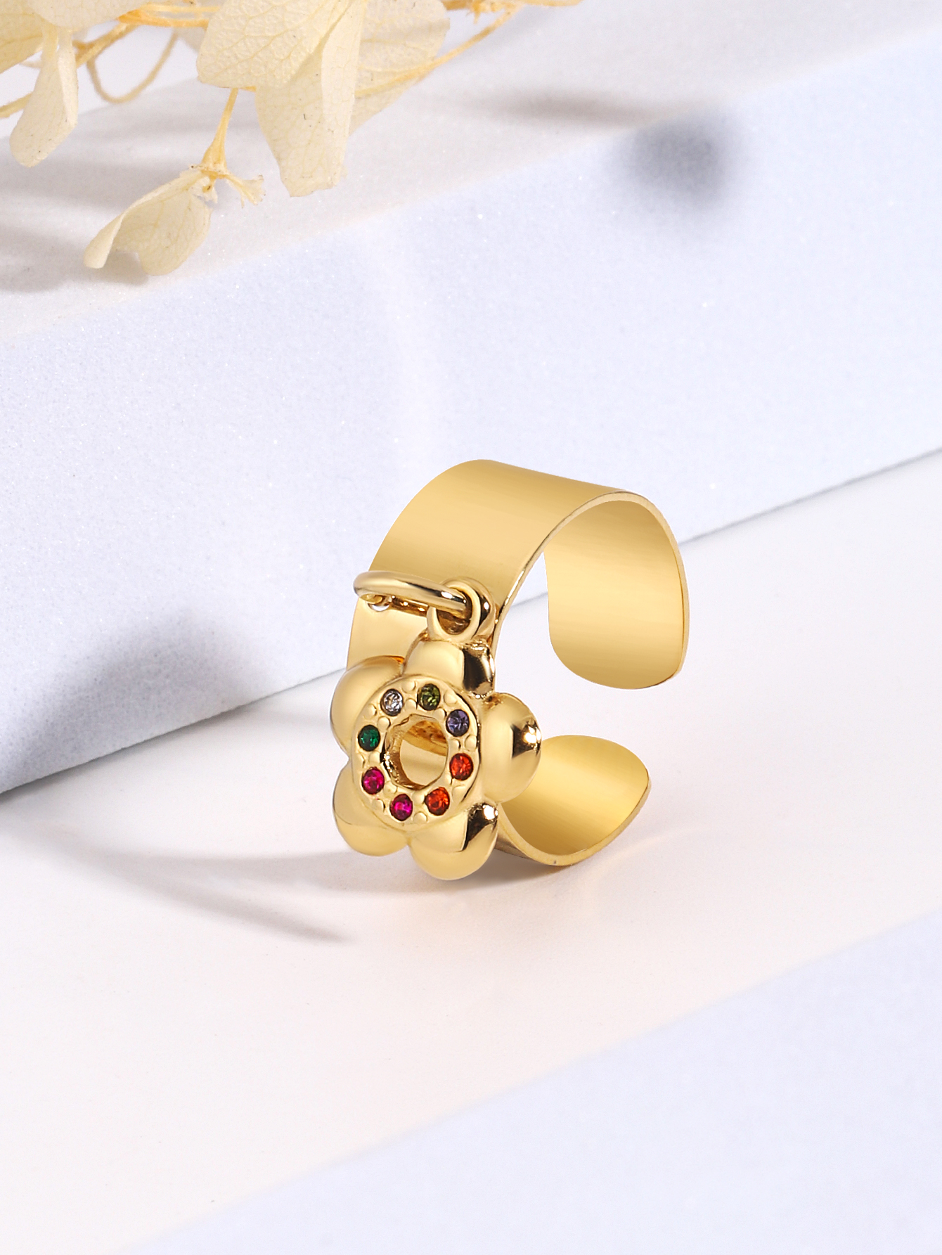 304 Stainless Steel 14K Gold Plated Sweet Plating Inlay Flower Zircon Charm Rings display picture 1