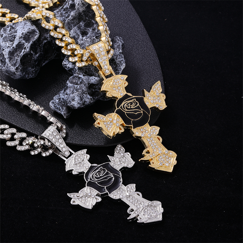 Hip-Hop Cross Rose Zinc Alloy Plating Inlay Rhinestones K Gold Plated Rhodium Plated Men's Pendant Necklace display picture 5