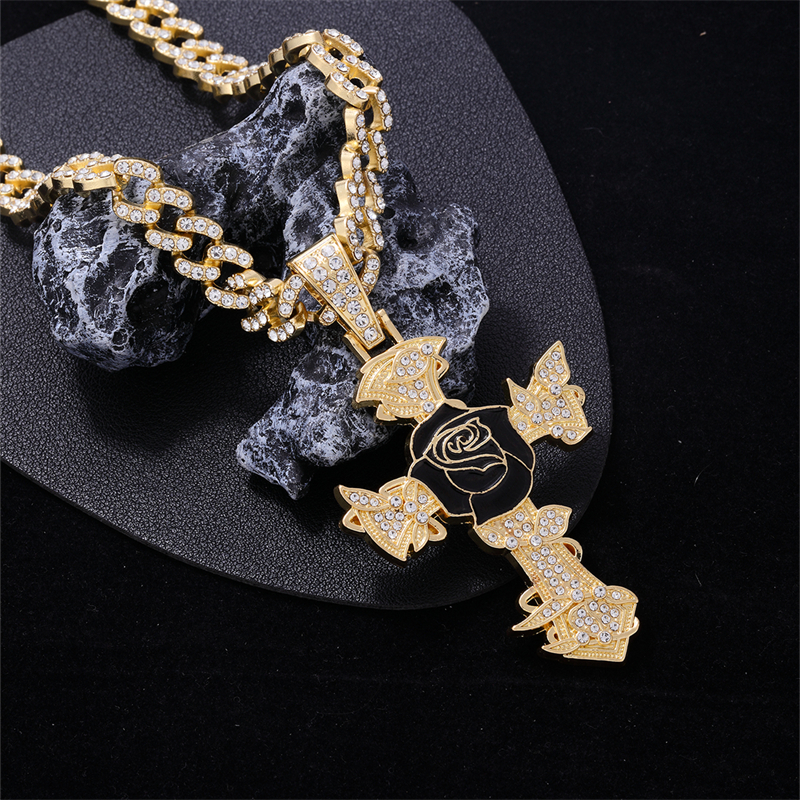 Hip-Hop Cross Rose Zinc Alloy Plating Inlay Rhinestones K Gold Plated Rhodium Plated Men's Pendant Necklace display picture 6