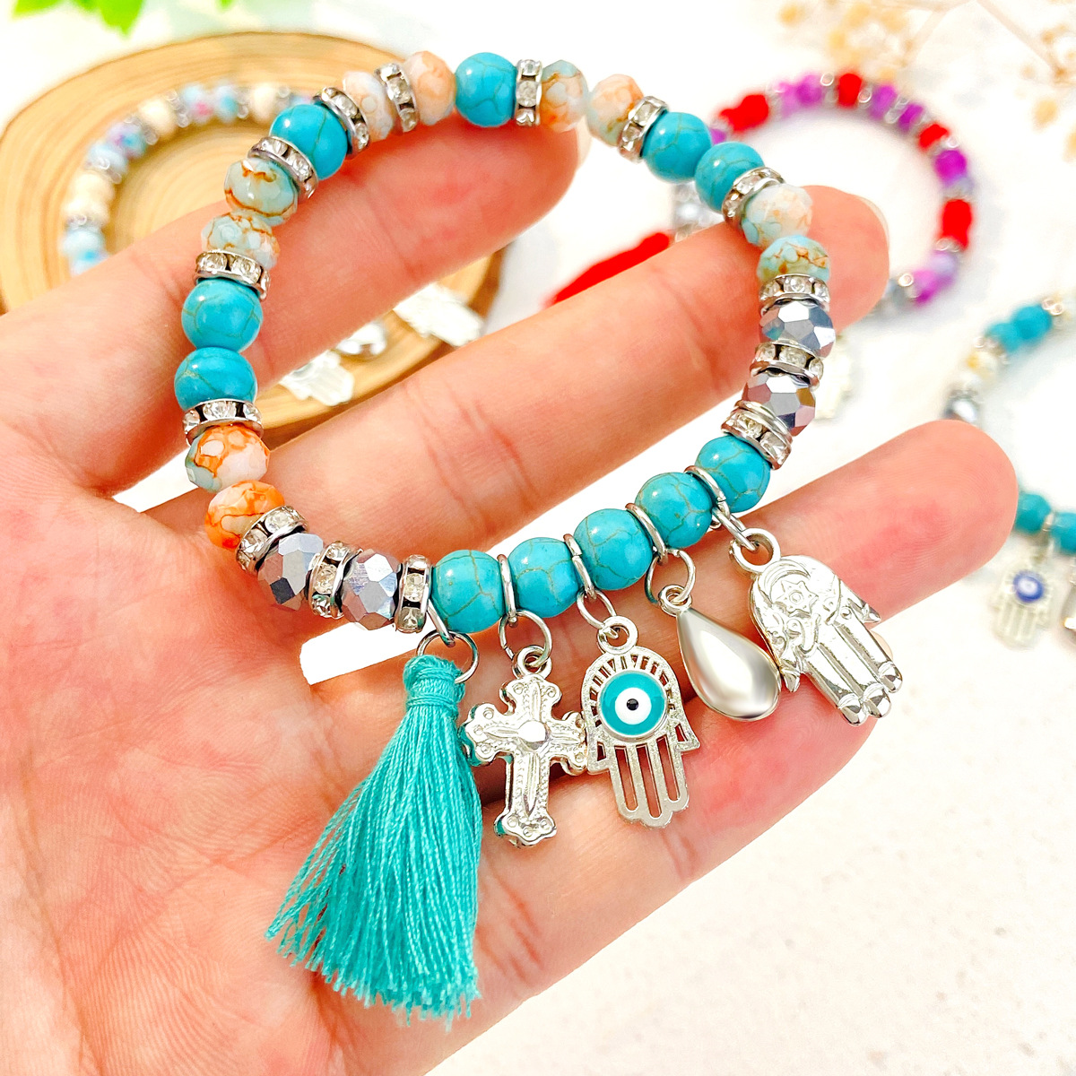 Ethnic Style Simple Style Classic Style Cross Devil's Eye Palm Alloy Natural Stone Beaded Tassel Inlay Rhinestones Unisex Bracelets display picture 5