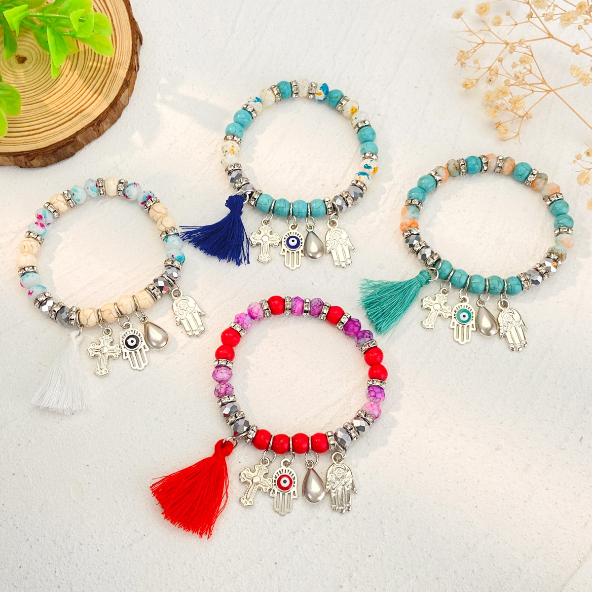 Ethnic Style Simple Style Classic Style Cross Devil's Eye Palm Alloy Natural Stone Beaded Tassel Inlay Rhinestones Unisex Bracelets display picture 2