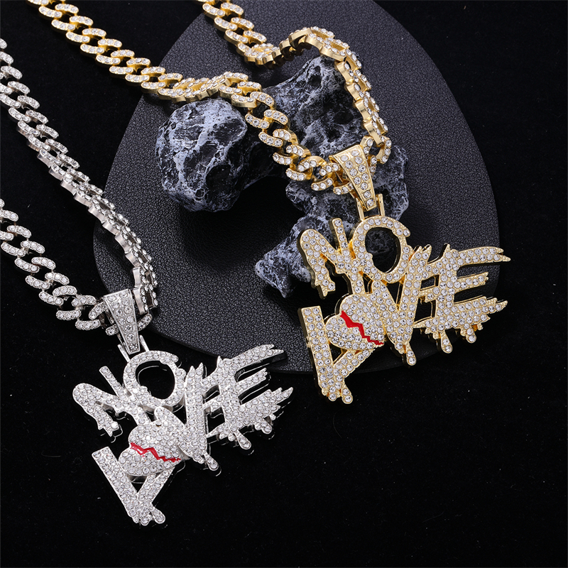 Hip-Hop Letter Heart Shape Zinc Alloy Plating Inlay Rhinestones Men's Pendant Necklace display picture 6