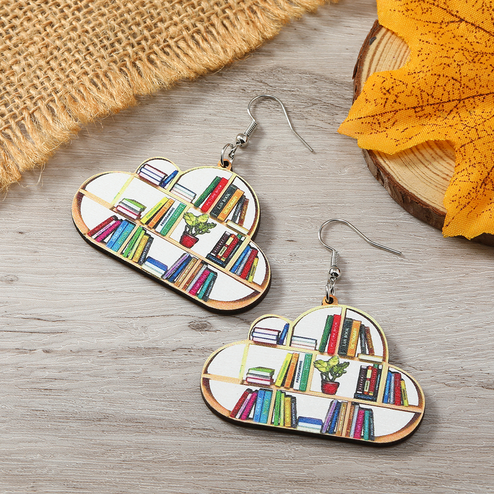 1 Pair Casual Simple Style Book Clouds Painted Wood Silver Plated Drop Earrings display picture 28