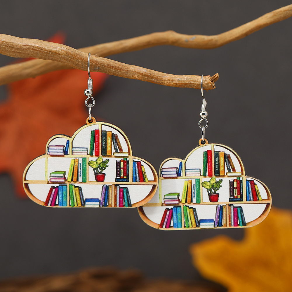 1 Pair Casual Simple Style Book Clouds Painted Wood Silver Plated Drop Earrings display picture 29