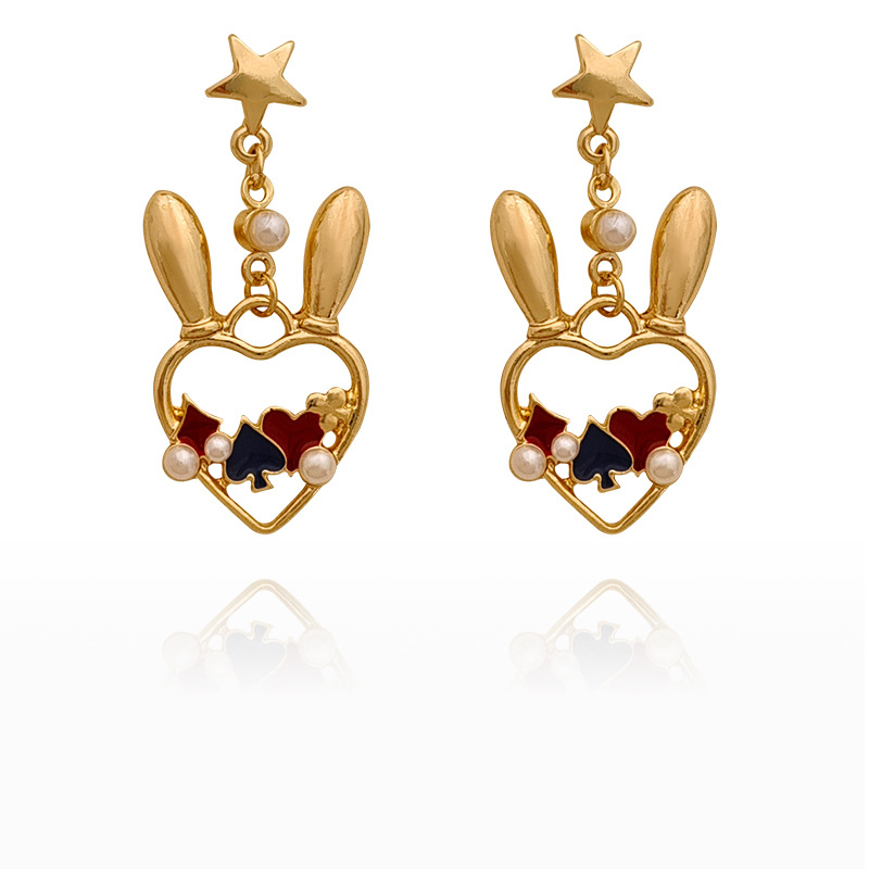 1 Paire Mignon Oreilles De Lapin Forme De Cœur Placage Incruster Alliage Perles Artificielles Boucles D'oreilles display picture 1