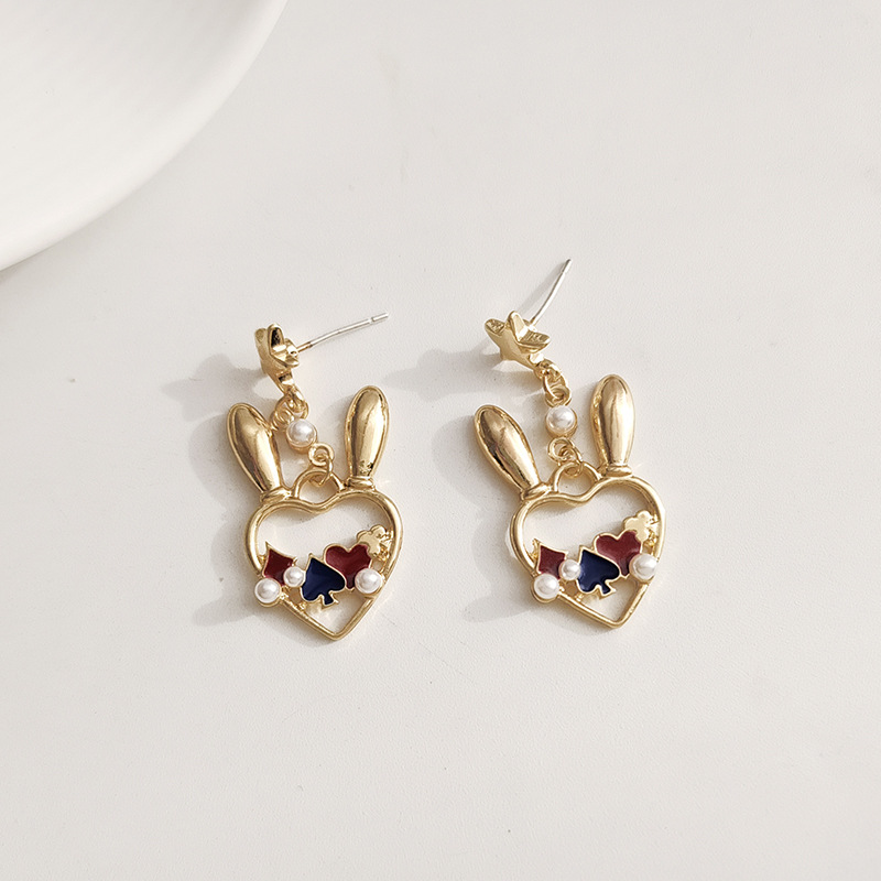 1 Paire Mignon Oreilles De Lapin Forme De Cœur Placage Incruster Alliage Perles Artificielles Boucles D'oreilles display picture 3