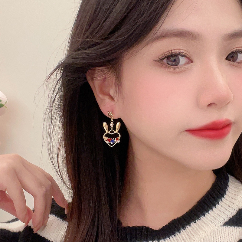 1 Pair Cute Bunny Ears Heart Shape Plating Inlay Alloy Artificial Pearls Drop Earrings display picture 4