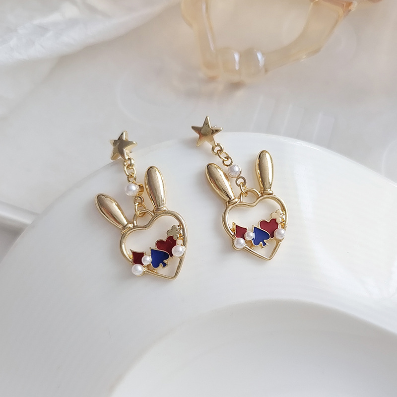 1 Pair Cute Bunny Ears Heart Shape Plating Inlay Alloy Artificial Pearls Drop Earrings display picture 7
