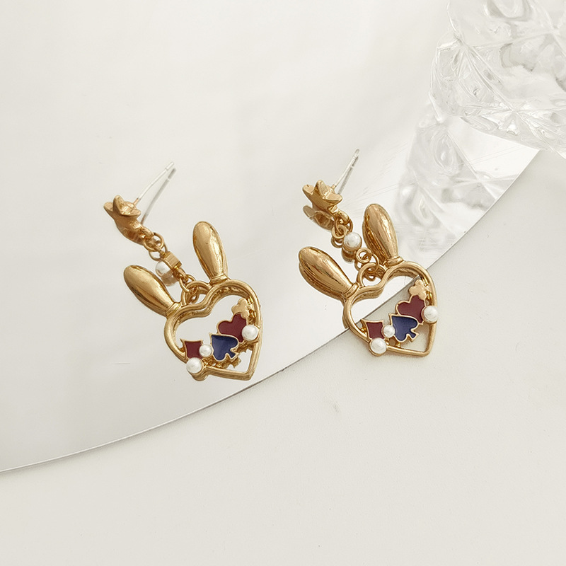 1 Paire Mignon Oreilles De Lapin Forme De Cœur Placage Incruster Alliage Perles Artificielles Boucles D'oreilles display picture 9