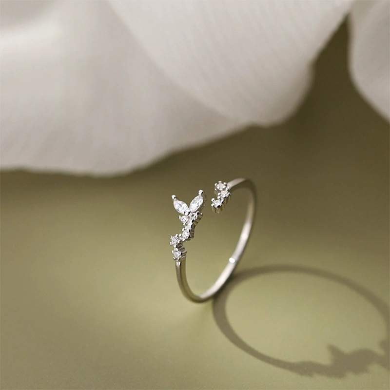 Cute Leaf Copper Plating Inlay Zircon Silver Plated Open Rings display picture 4