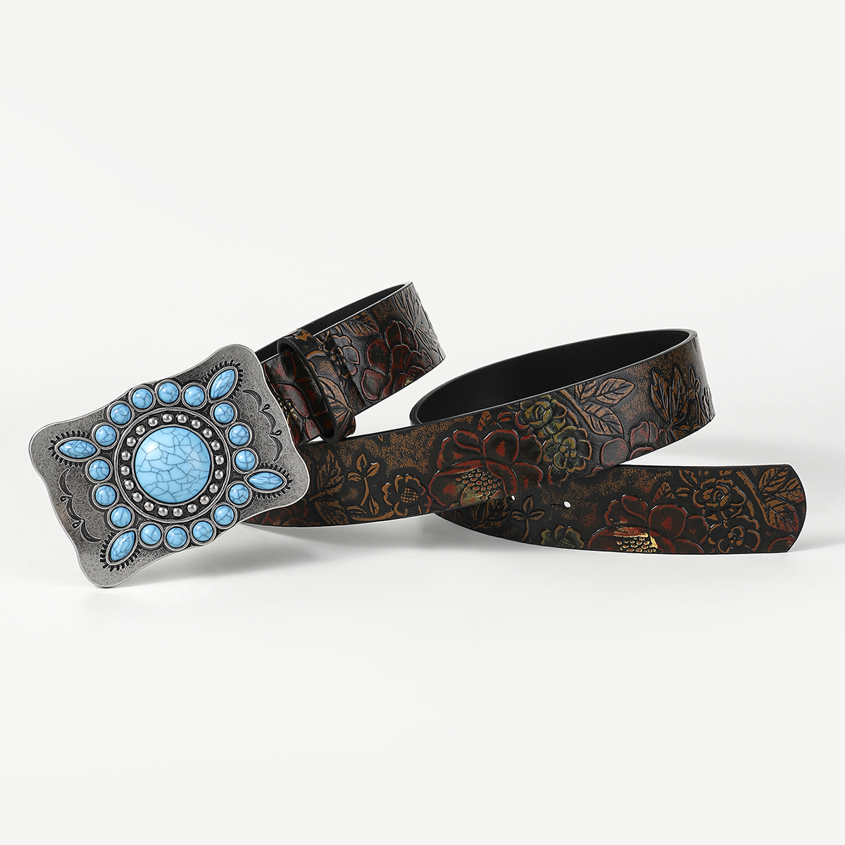 Retro Ethnic Style Geometric Pu Leather Metal Button Inlay Turquoise Adults Leather Belts display picture 14