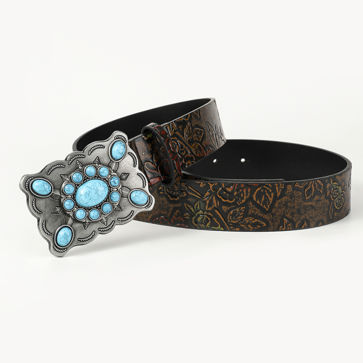 Retro Ethnic Style Geometric Pu Leather Metal Button Inlay Turquoise Adults Leather Belts display picture 18