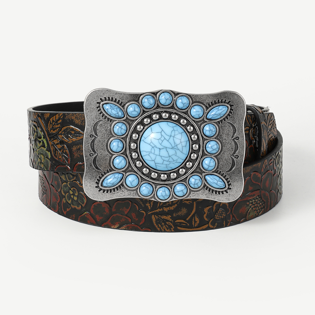 Retro Ethnic Style Geometric Pu Leather Metal Button Inlay Turquoise Adults Leather Belts display picture 15