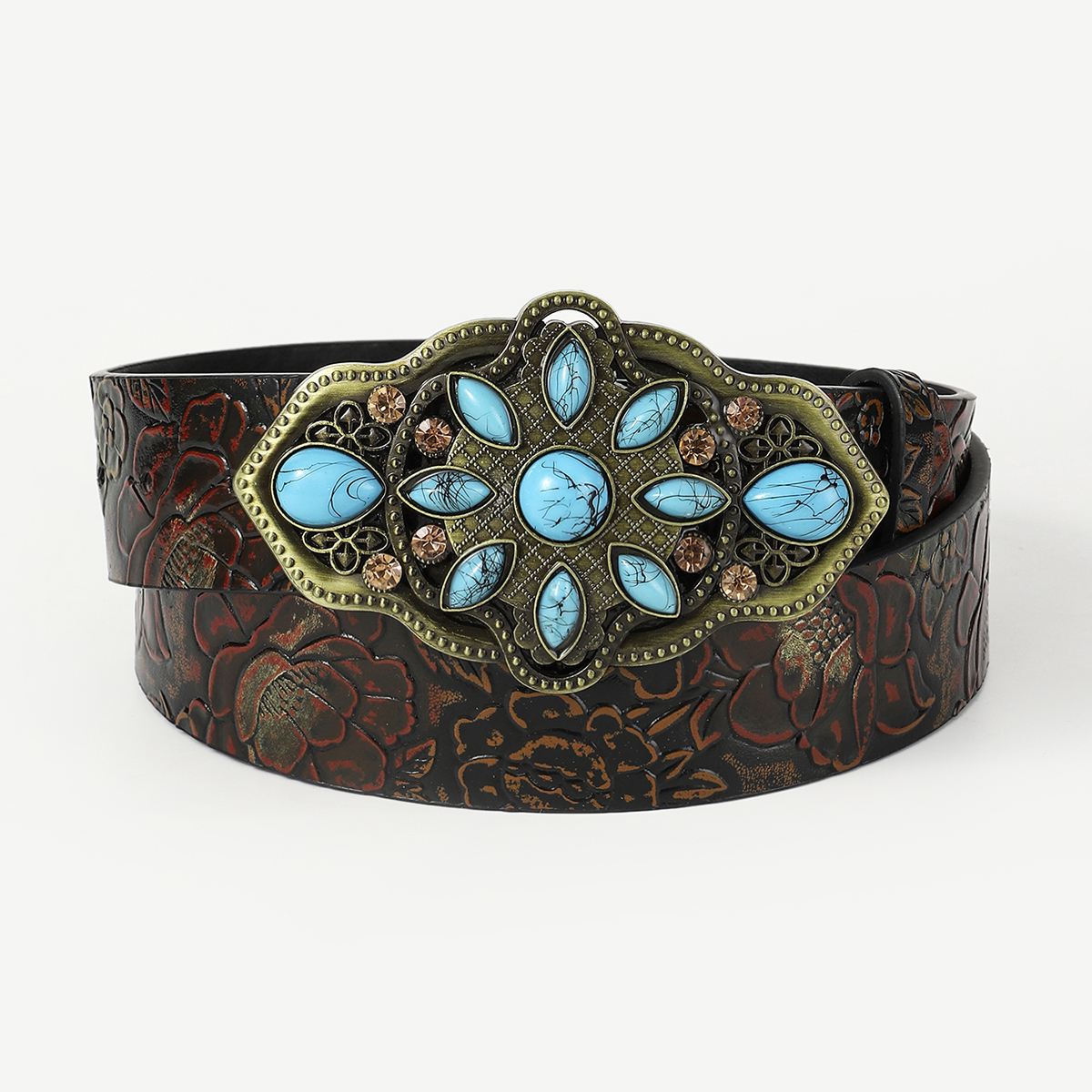Retro Ethnic Style Geometric Pu Leather Metal Button Inlay Turquoise Adults Leather Belts display picture 3