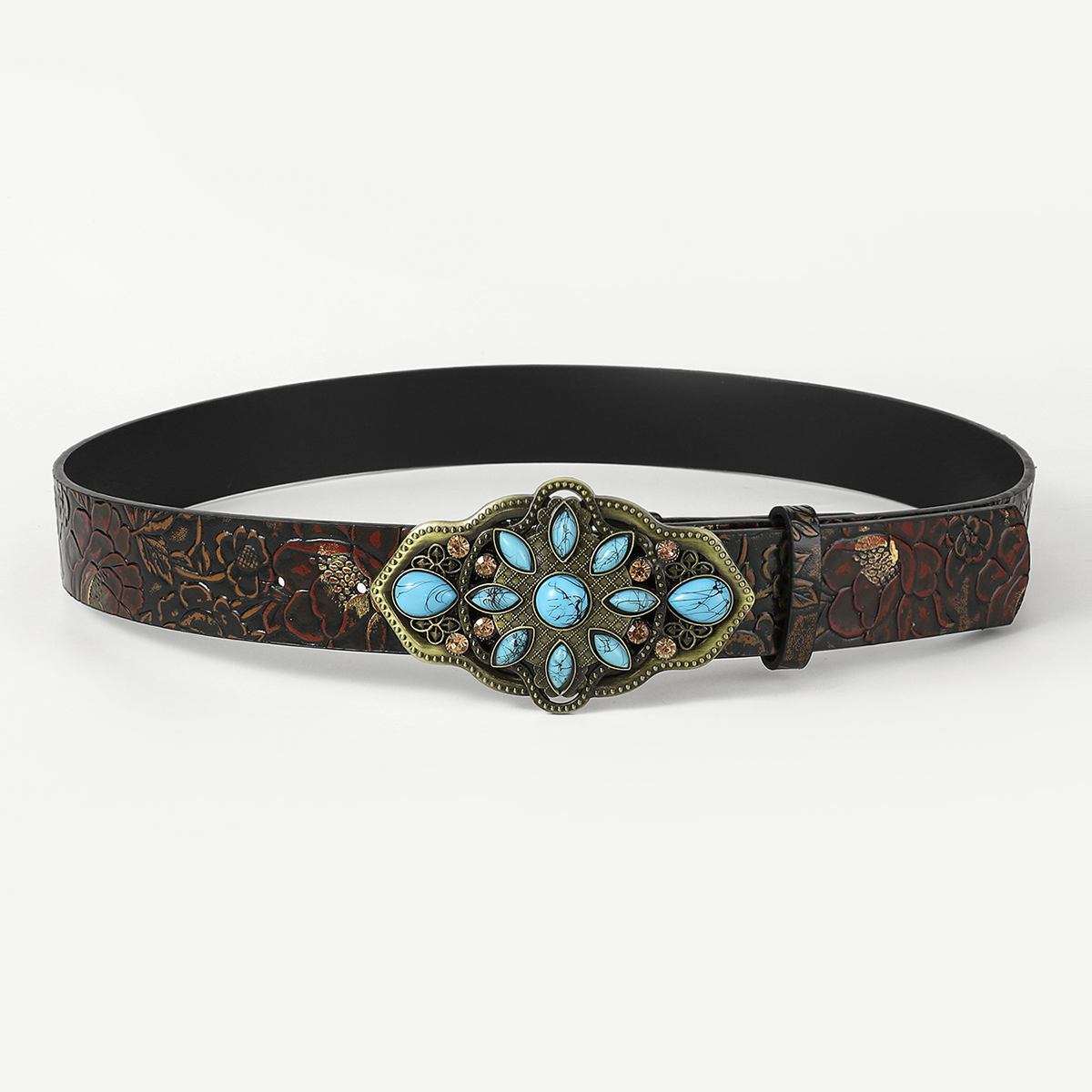 Retro Ethnic Style Geometric Pu Leather Metal Button Inlay Turquoise Adults Leather Belts display picture 1