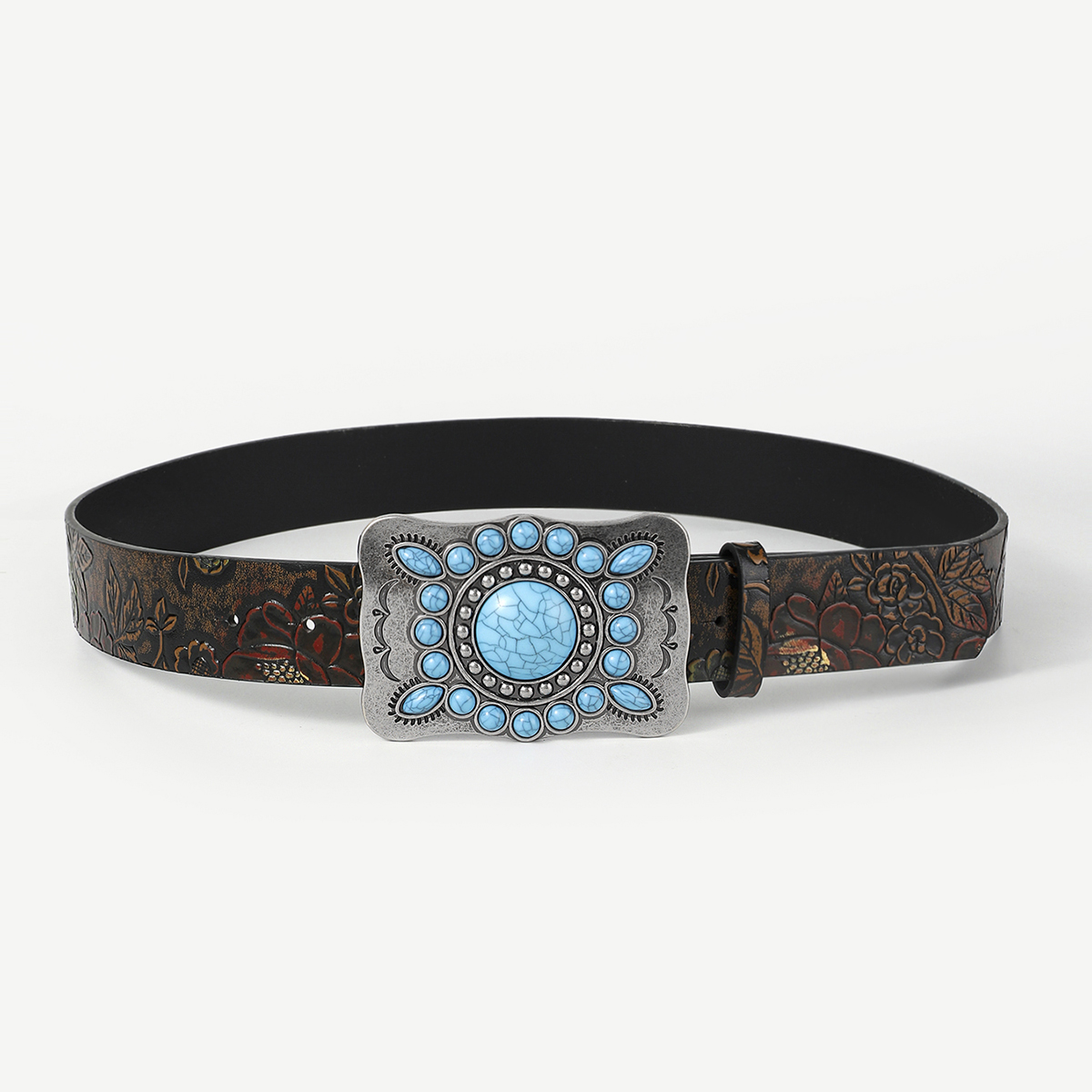 Retro Ethnic Style Geometric Pu Leather Metal Button Inlay Turquoise Adults Leather Belts display picture 13