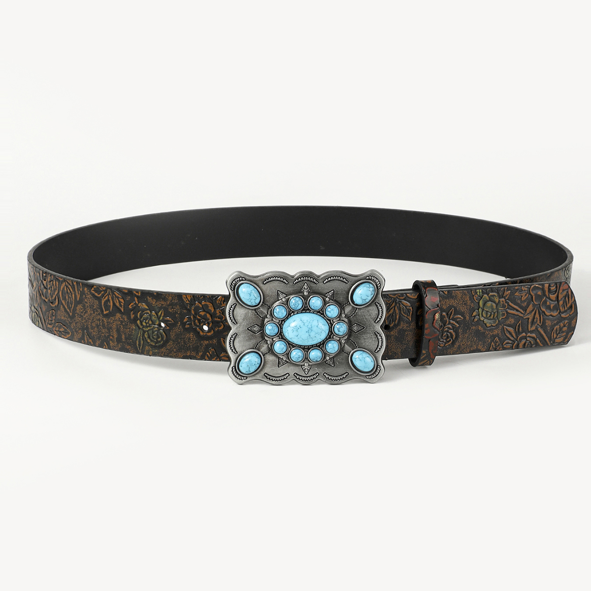 Retro Ethnic Style Geometric Pu Leather Metal Button Inlay Turquoise Adults Leather Belts display picture 17