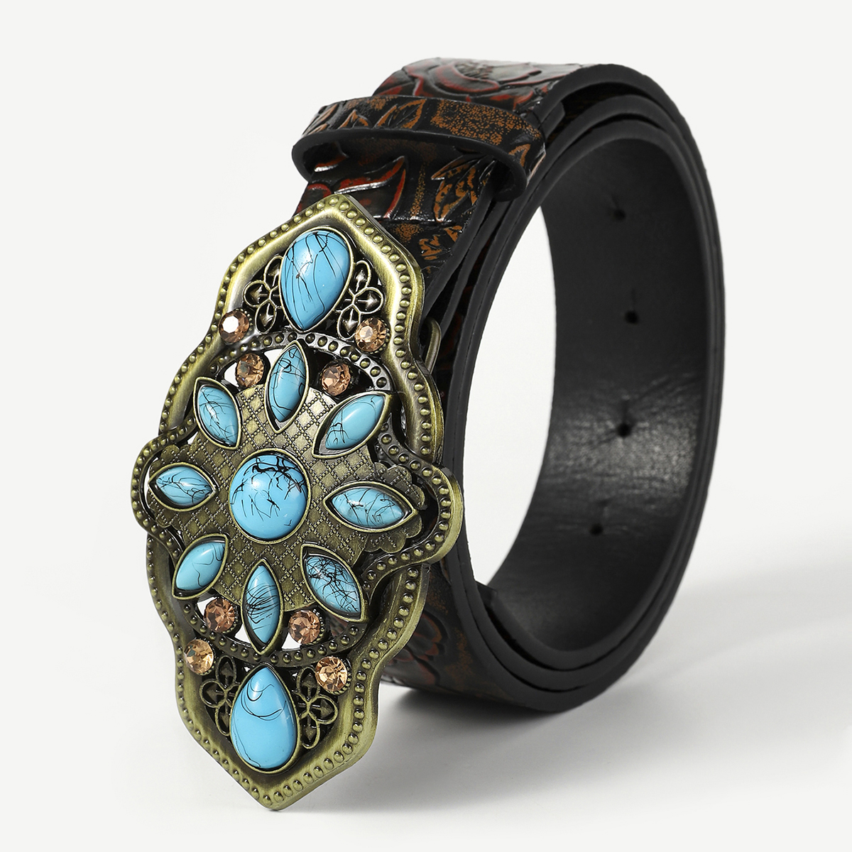 Retro Ethnic Style Geometric Pu Leather Metal Button Inlay Turquoise Adults Leather Belts display picture 4