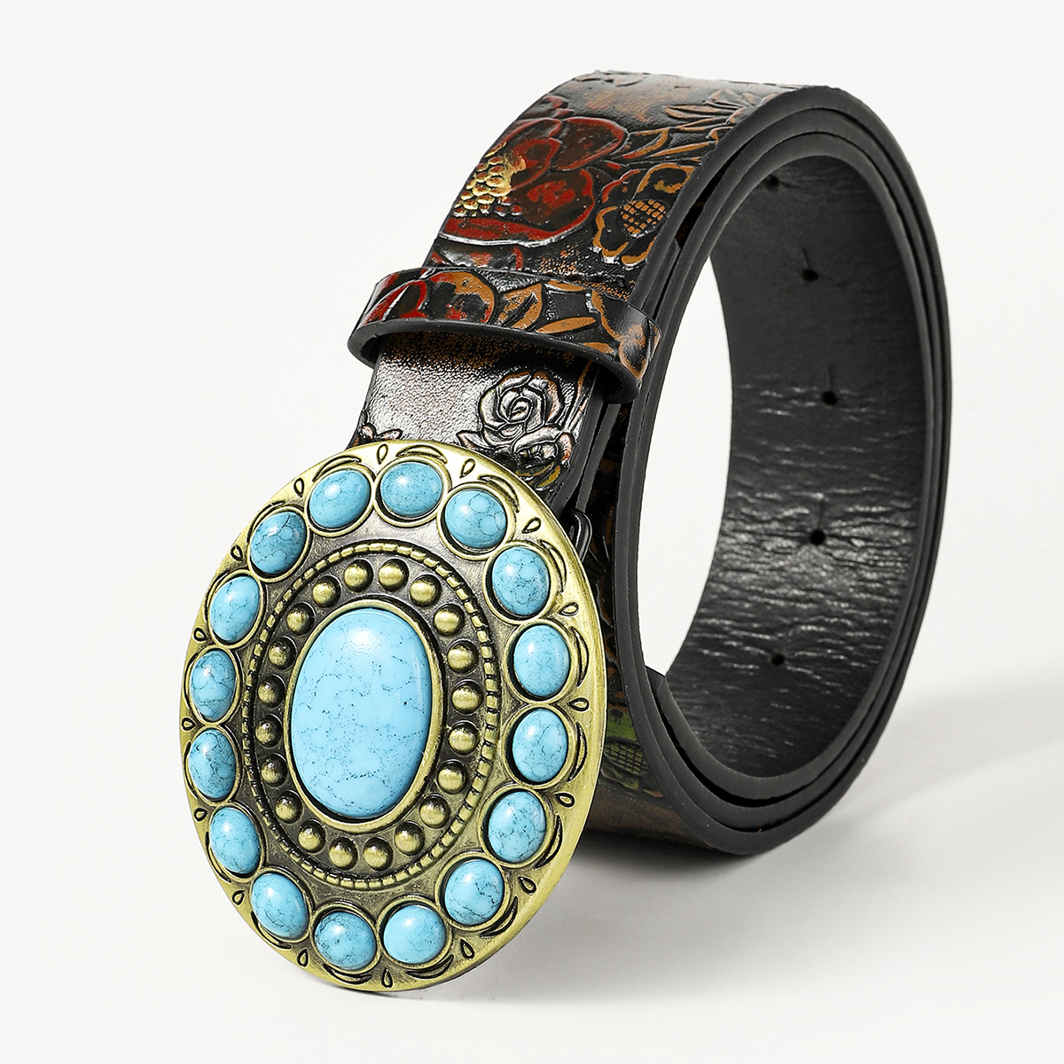 Retro Ethnic Style Geometric Pu Leather Metal Button Inlay Turquoise Adults Leather Belts display picture 8