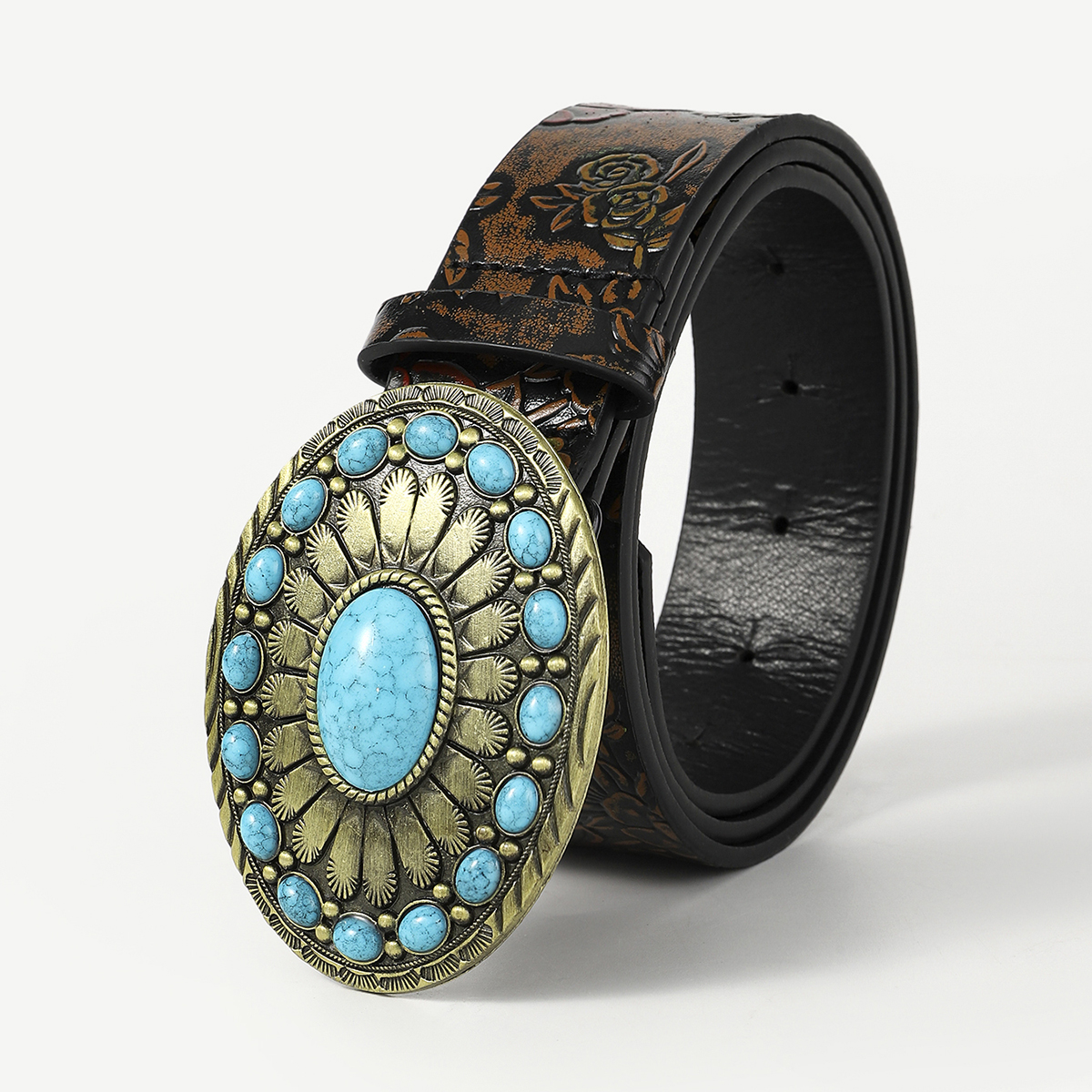 Retro Ethnic Style Geometric Pu Leather Metal Button Inlay Turquoise Adults Leather Belts display picture 12