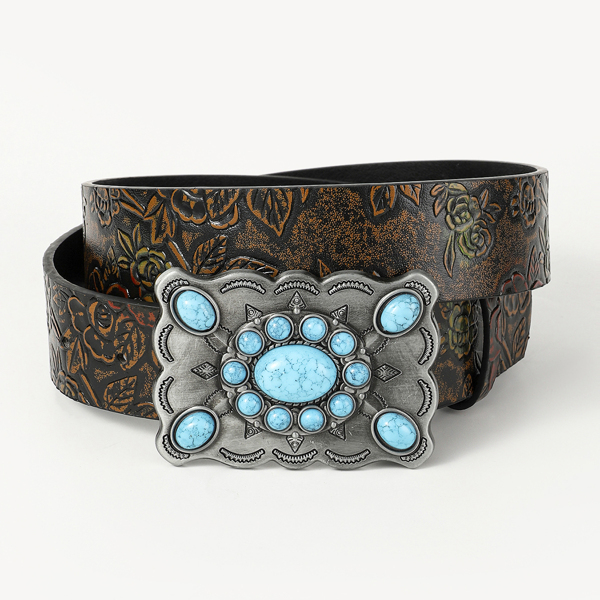 Retro Ethnic Style Geometric Pu Leather Metal Button Inlay Turquoise Adults Leather Belts display picture 19