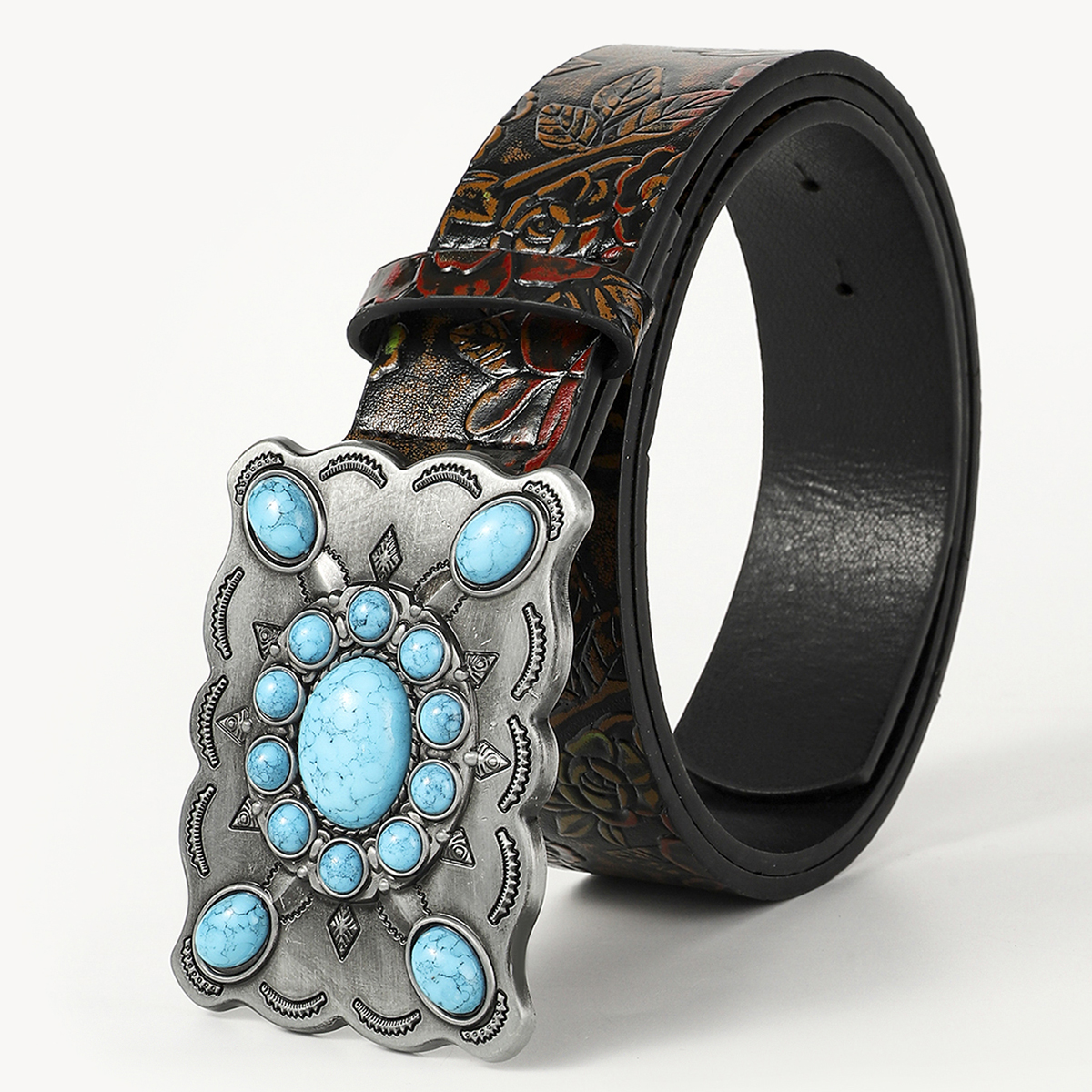 Retro Ethnic Style Geometric Pu Leather Metal Button Inlay Turquoise Adults Leather Belts display picture 20