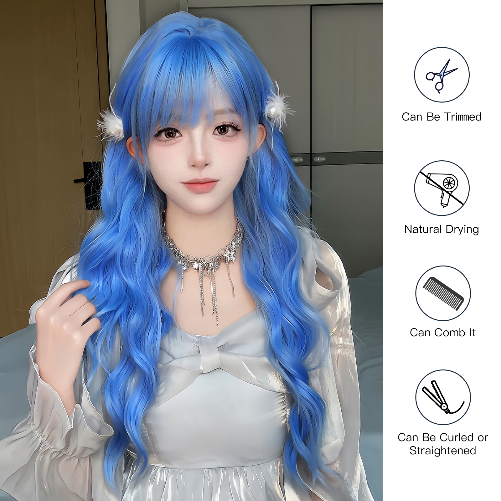 Women's Adults Japanese Style Lolita Sweet Blue Casual Weekend Carnival Chemical Fiber Bangs Long Curly Hair Wig Net display picture 2