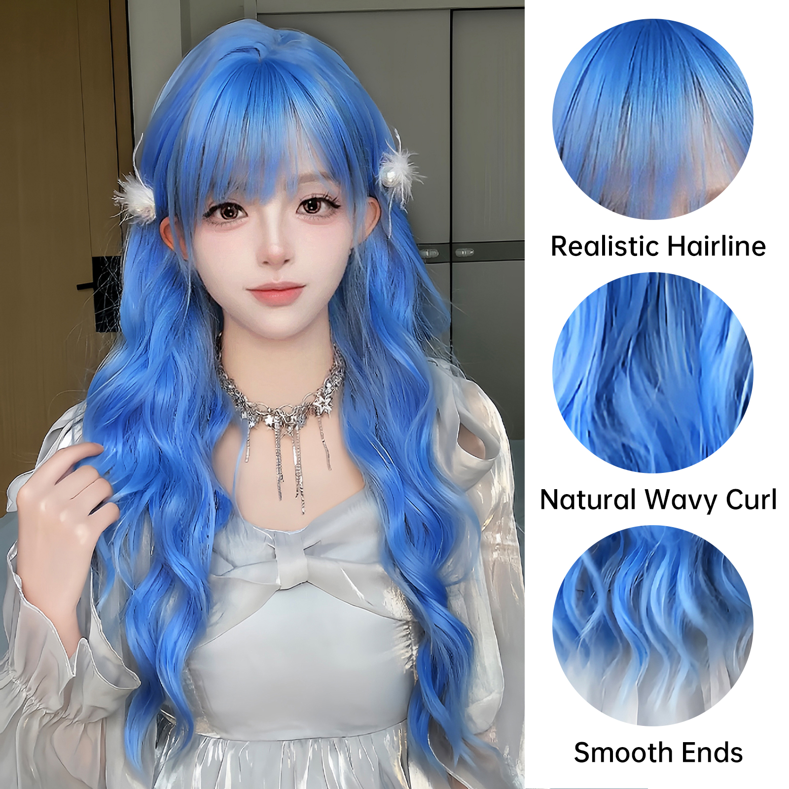 Women's Adults Japanese Style Lolita Sweet Blue Casual Weekend Carnival Chemical Fiber Bangs Long Curly Hair Wig Net display picture 5