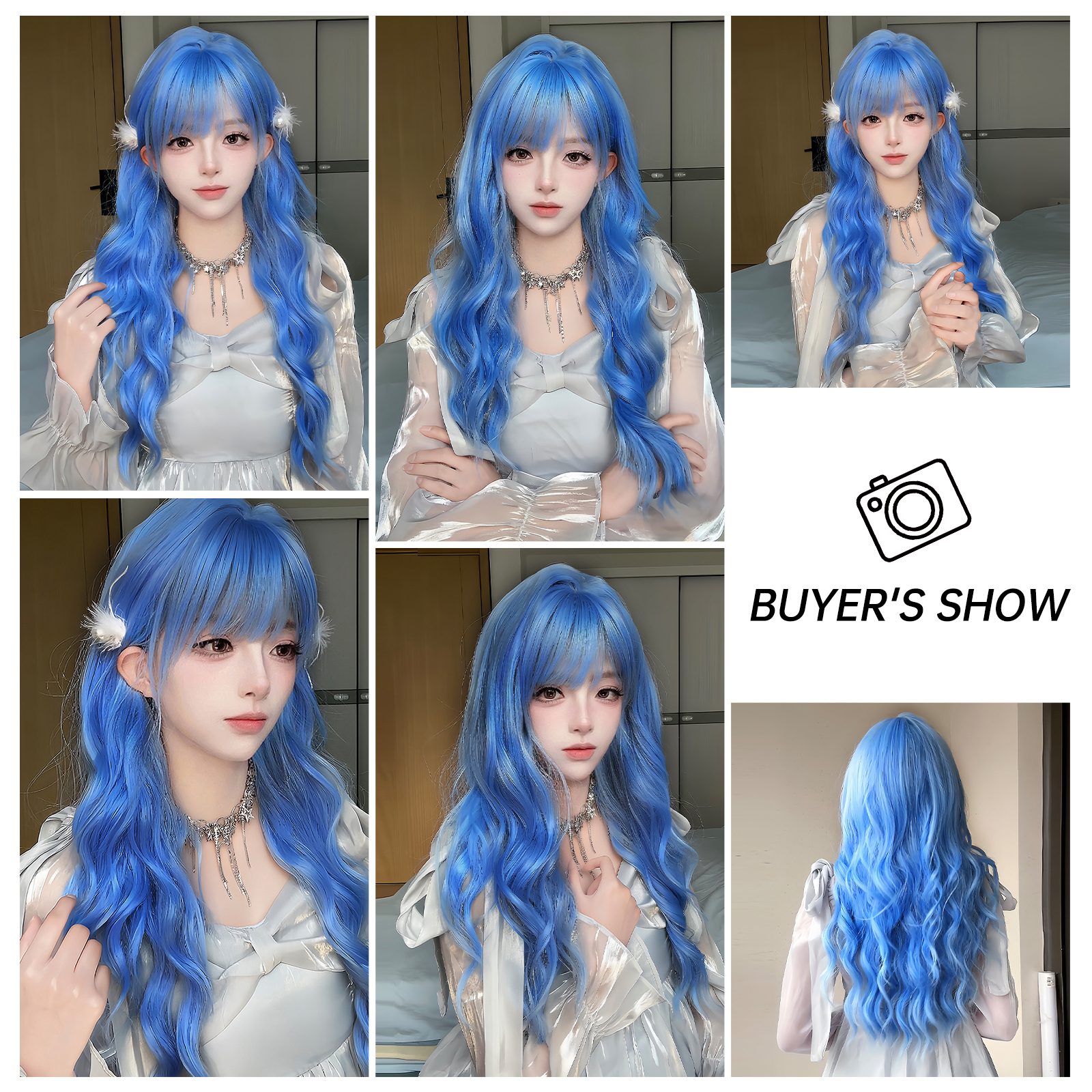 Women's Adults Japanese Style Lolita Sweet Blue Casual Weekend Carnival Chemical Fiber Bangs Long Curly Hair Wig Net display picture 3