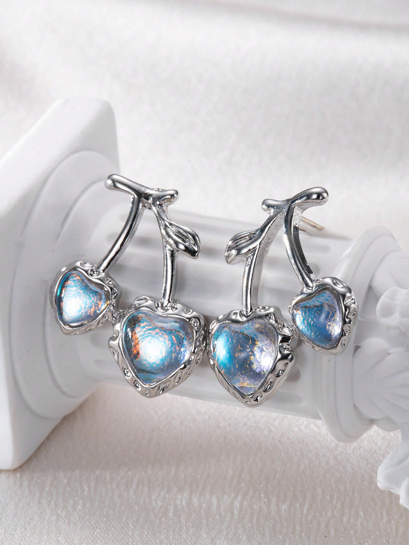 1 Pair Ig Style Cherry Inlay Alloy Glass Silver Plated Ear Studs display picture 3