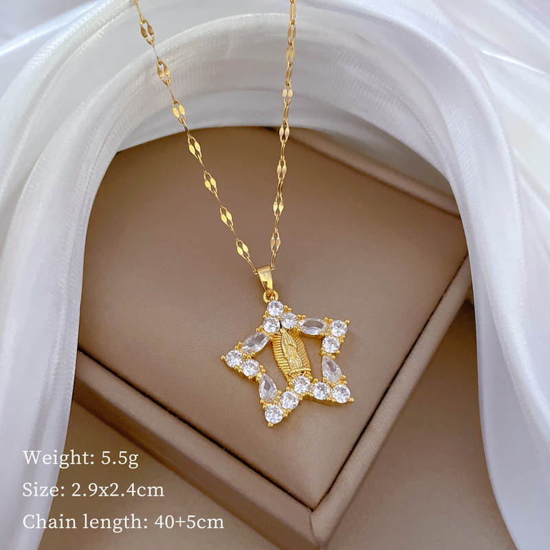 Wholesale Retro Pentagram Titanium Steel Copper Inlay Artificial Gemstones Pendant Necklace display picture 3