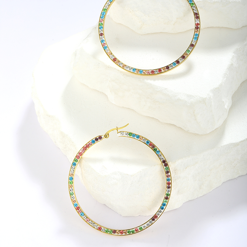 1 Pair Simple Style Classic Style Colorful Plating Inlay Stainless Steel Artificial Diamond Hoop Earrings display picture 4