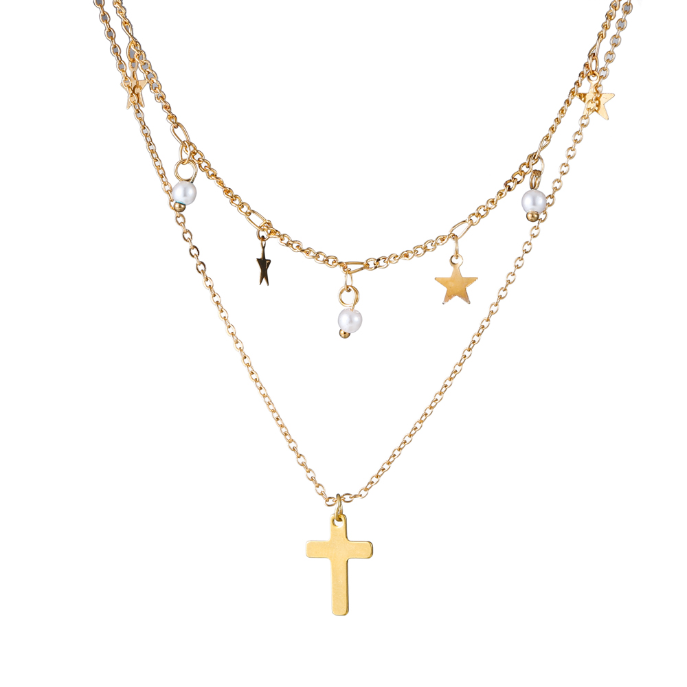 Elegant Vacation Cross Stainless Steel Copper Layered 14k Gold Plated Double Layer Necklaces display picture 1
