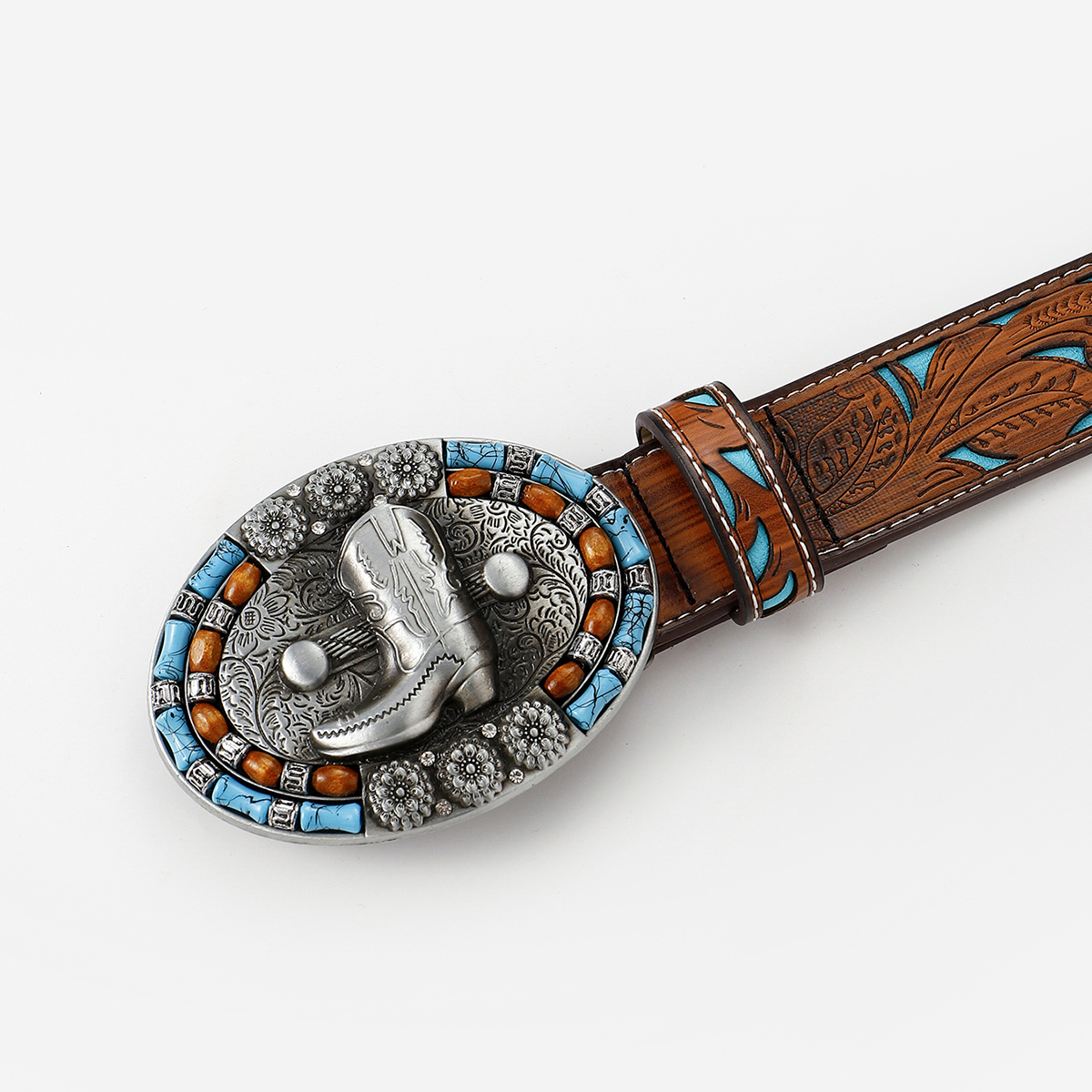 Retro Ethnic Style Geometric Pu Leather Inlay Turquoise Beads Unisex Leather Belts display picture 10