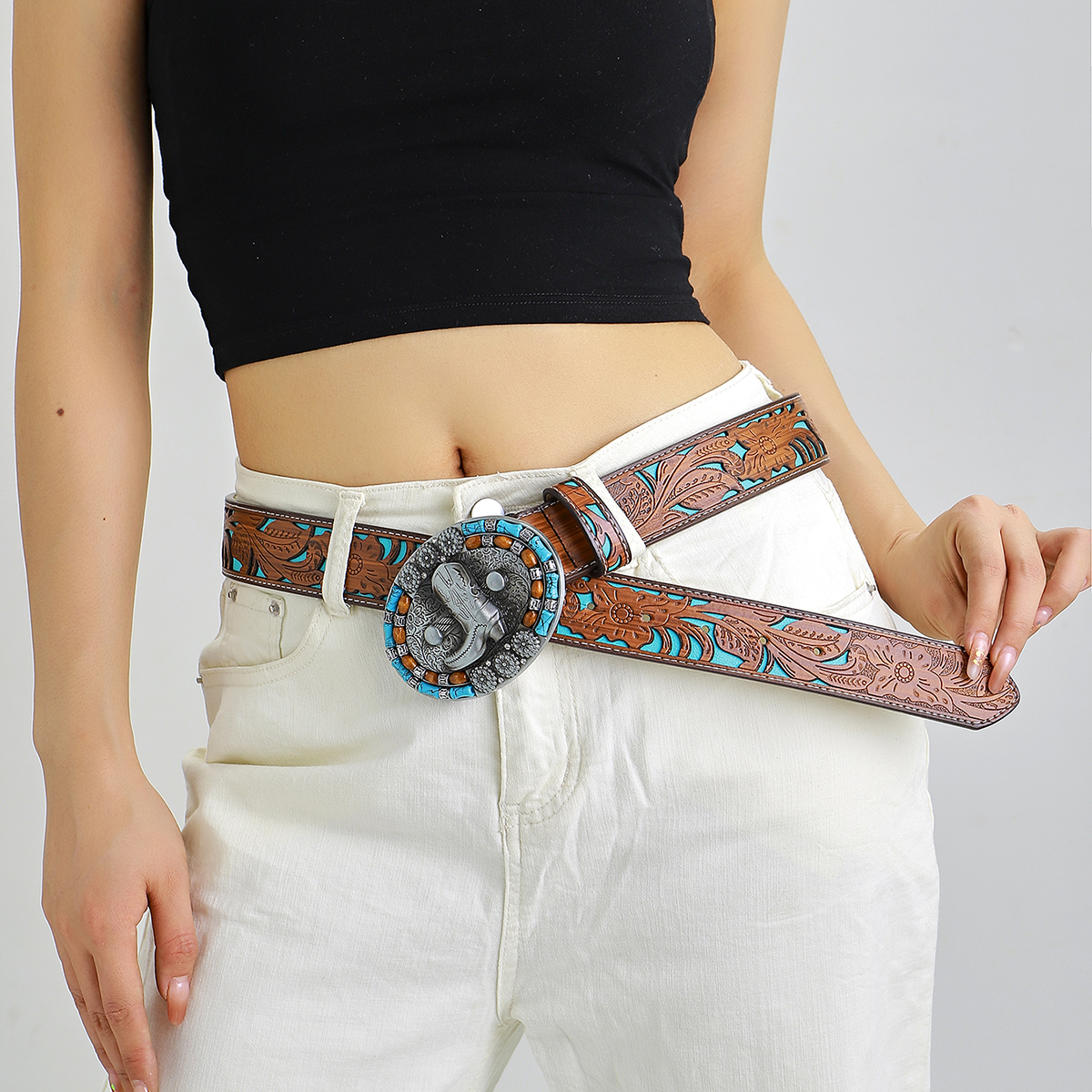 Retro Ethnic Style Geometric Pu Leather Inlay Turquoise Beads Unisex Leather Belts display picture 9