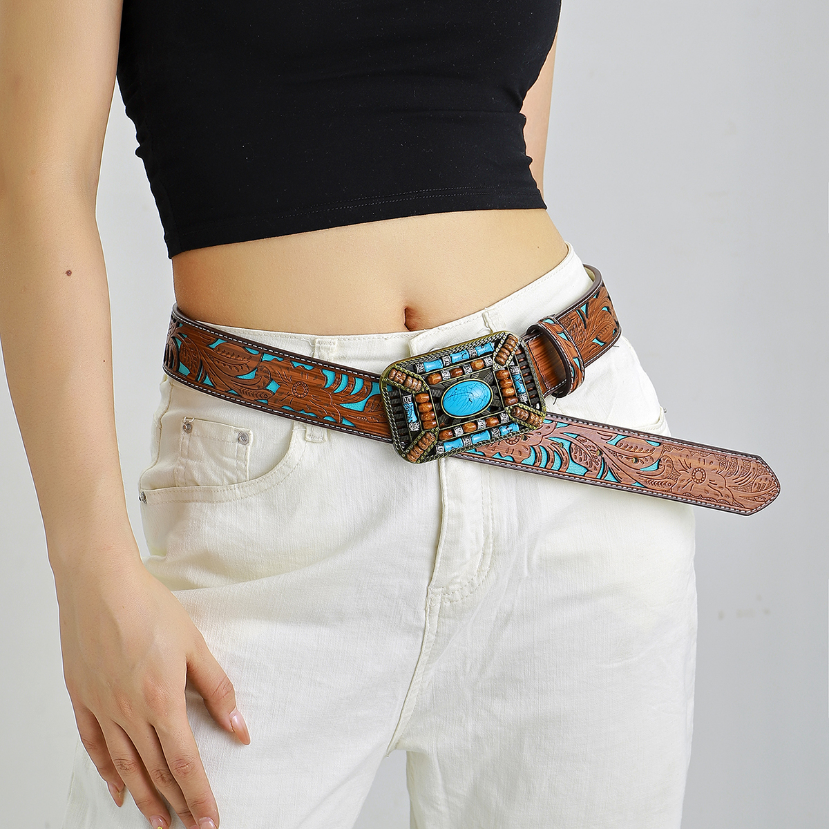 Retro Ethnic Style Geometric Pu Leather Inlay Turquoise Beads Unisex Leather Belts display picture 2
