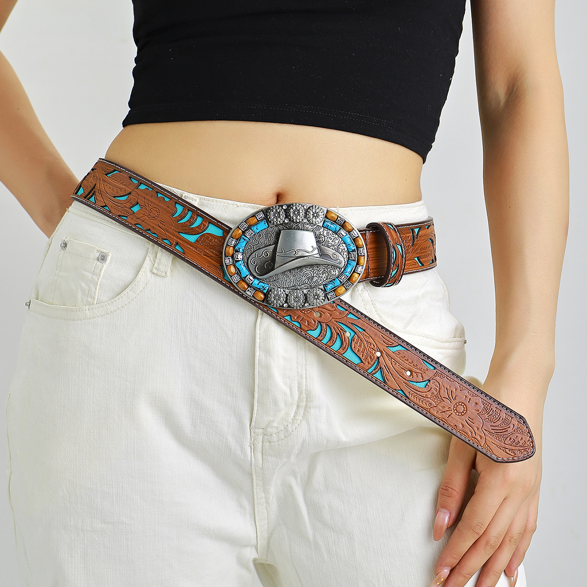 Retro Ethnic Style Geometric Pu Leather Inlay Turquoise Beads Unisex Leather Belts display picture 18